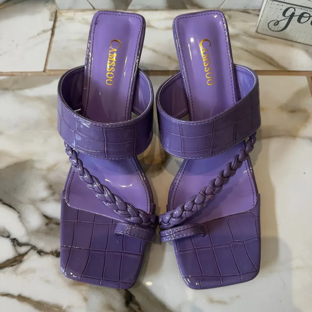 Camssoo Women's Purple Croc Embossed Heels Size 41 Lucite Heel Toe Ring‎ Slip On
